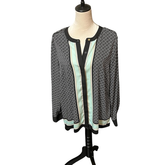 Dana Buchman 12 or L Top Geometric Print Button Up Shirt Blouse Collar Long Slv - Picture 1 of 4
